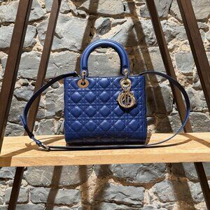 Dior 2022 Blue Lambskin Cannage Medium Lady Dior Handbag